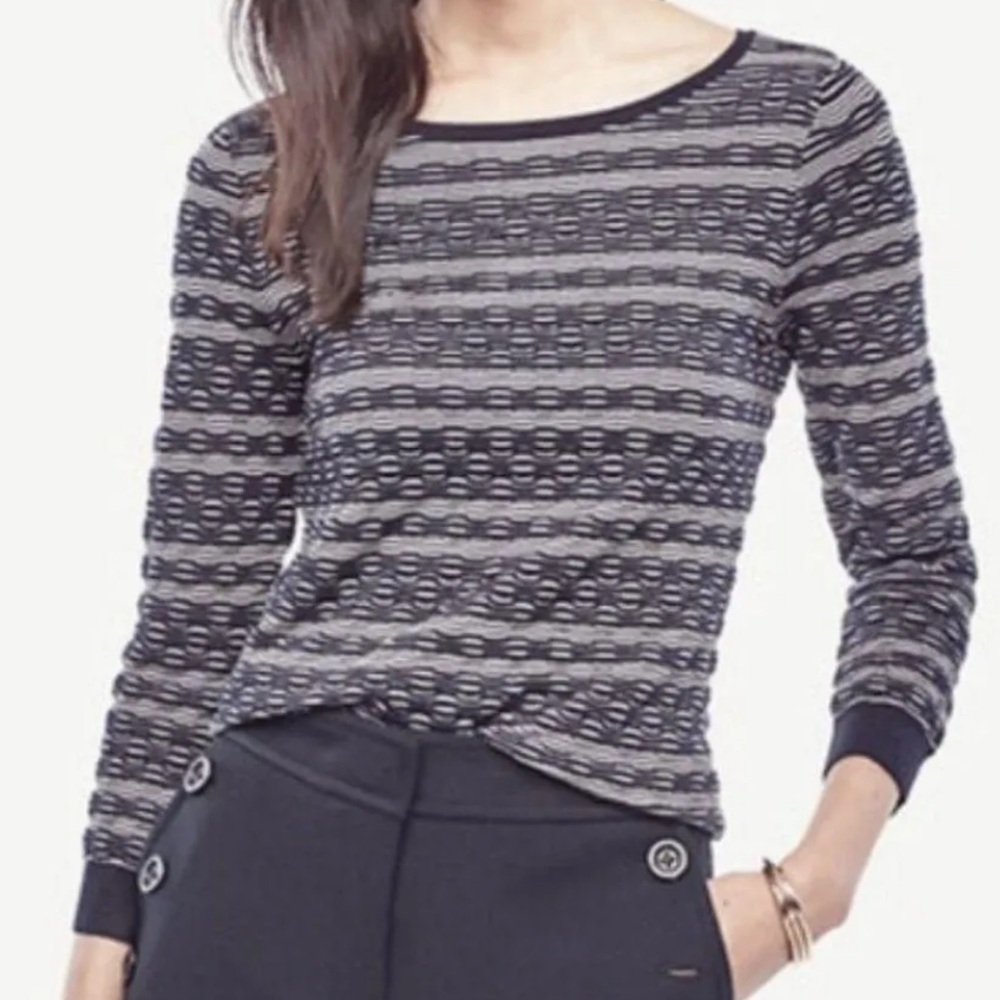 Ann Taylor Superfine Merino Wool Blue White Textured Lightweight Sweater Medium